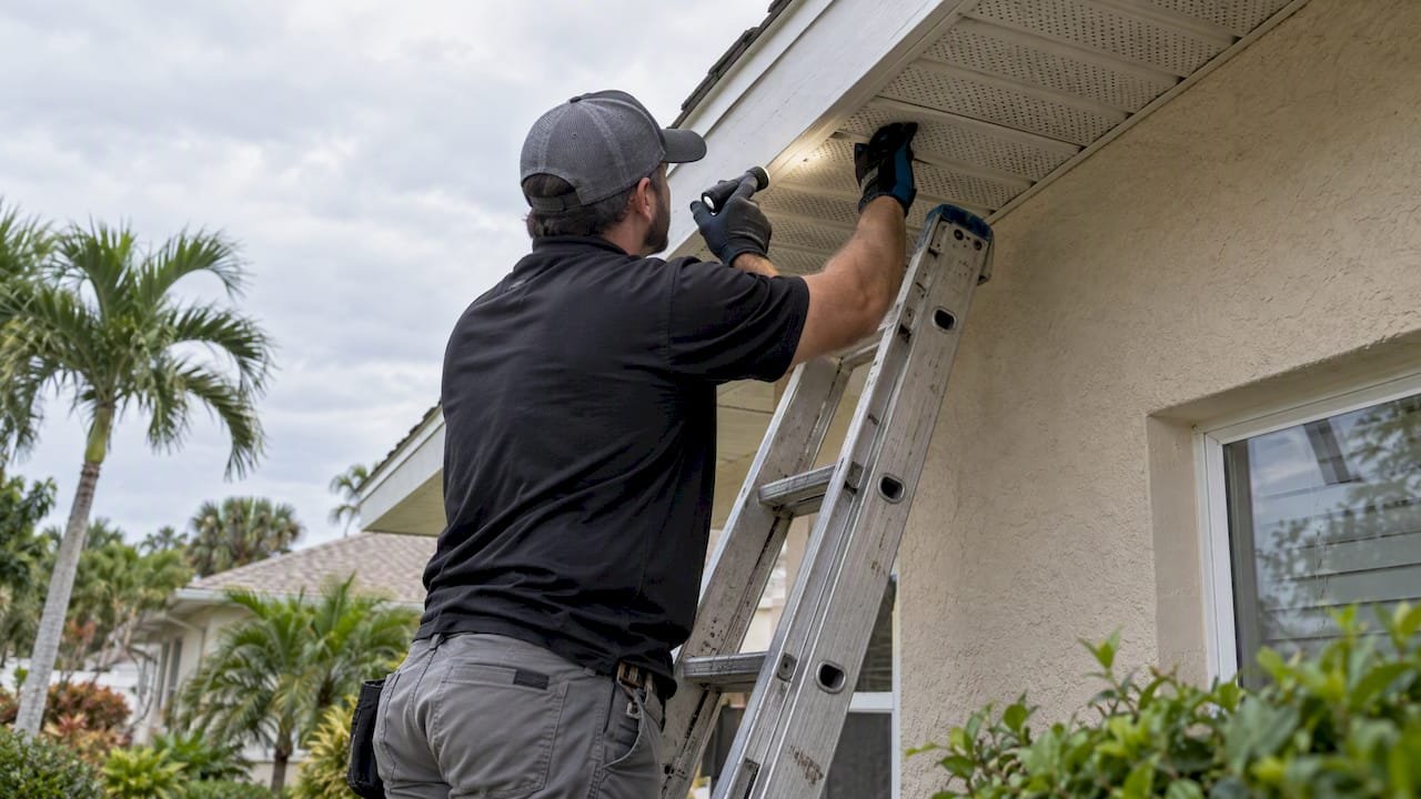Contractor inspecting fascia from ladder
