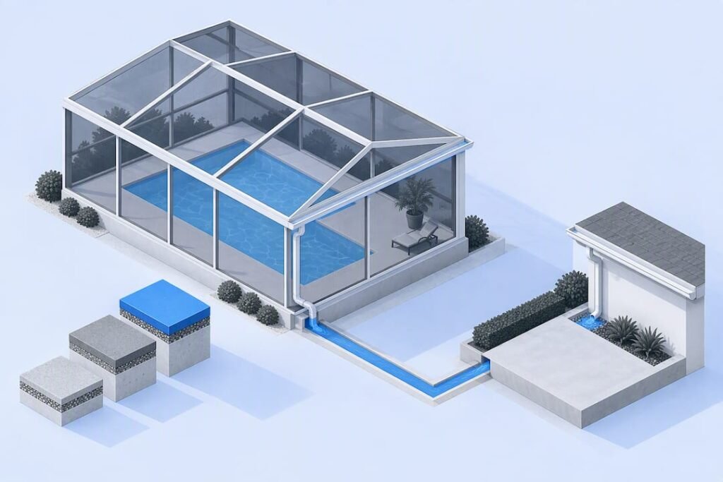 Isometric pool cage gutter savings title card