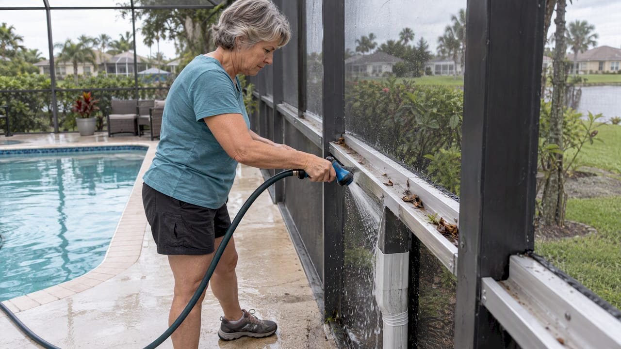 Homeowner rinsing pool cage gutter during maintenance