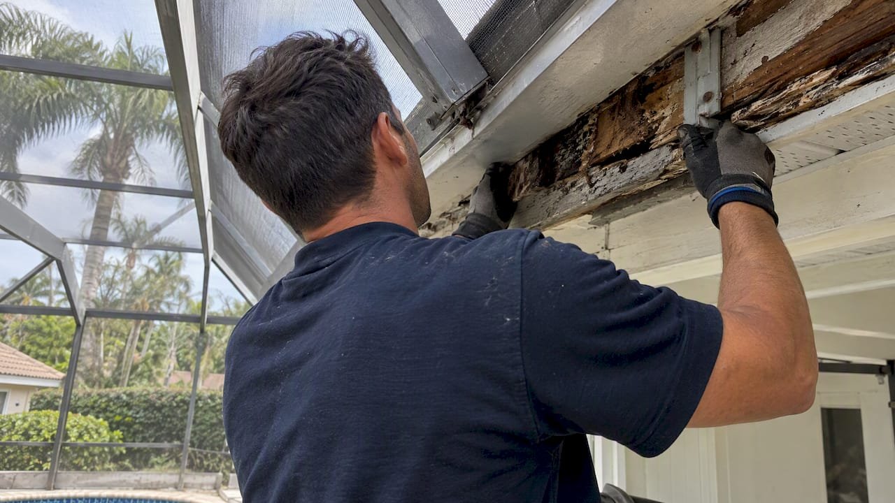 Contractor inspecting damaged fascia and gutter anchor