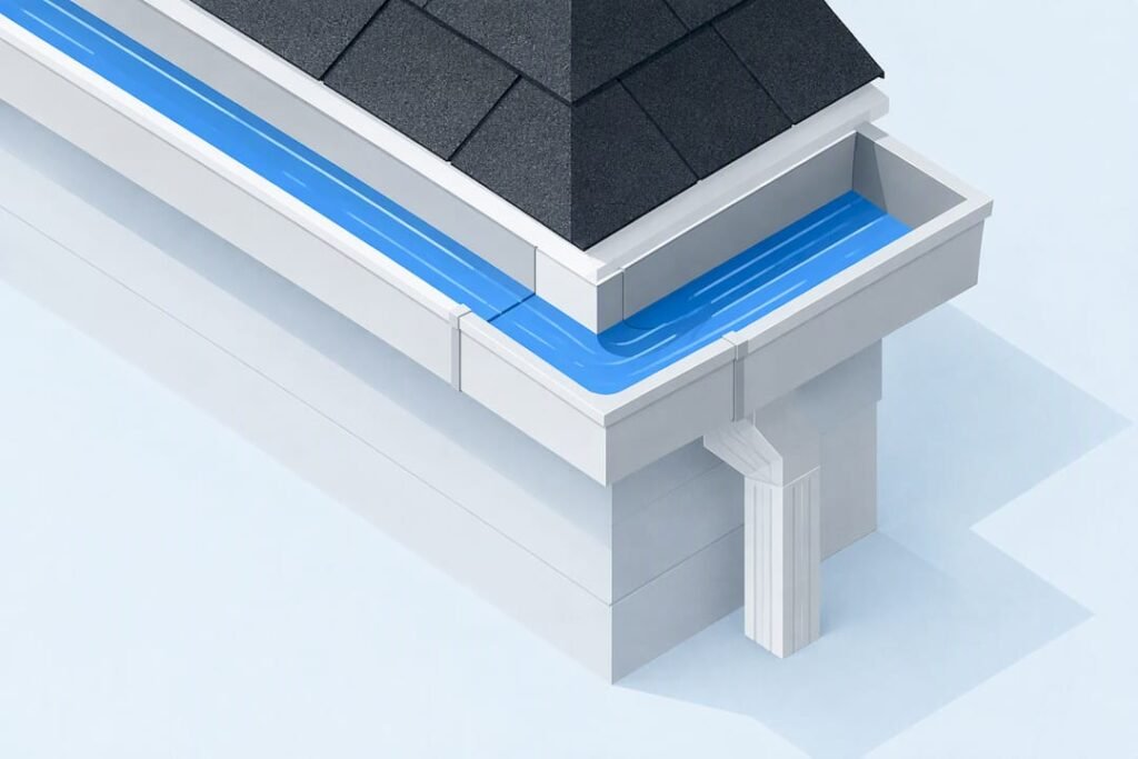 Geometric gutter corner with controlled water path