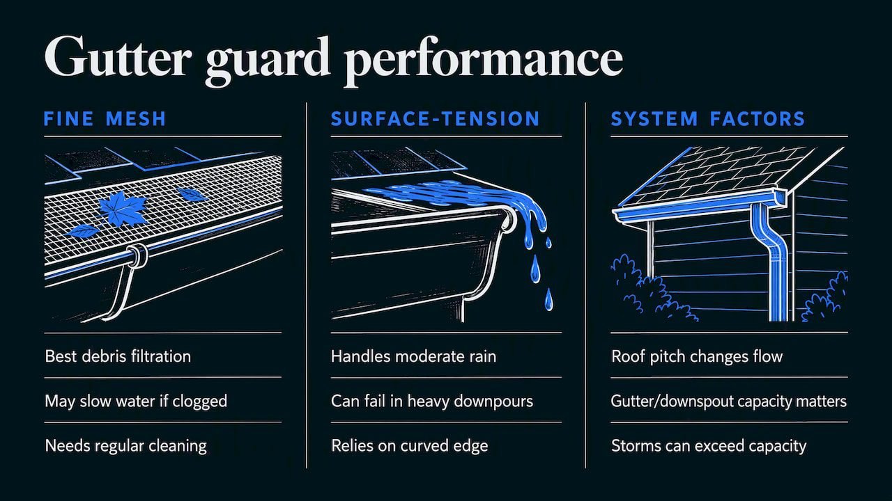 Impact of gutter guards on water flow and drainage efficiency — overview diagram