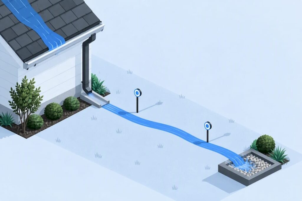 Isometric roof runoff path and yard checks
