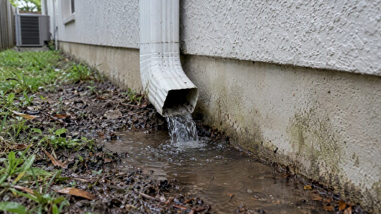 Downspout runoff pooling beside a foundation