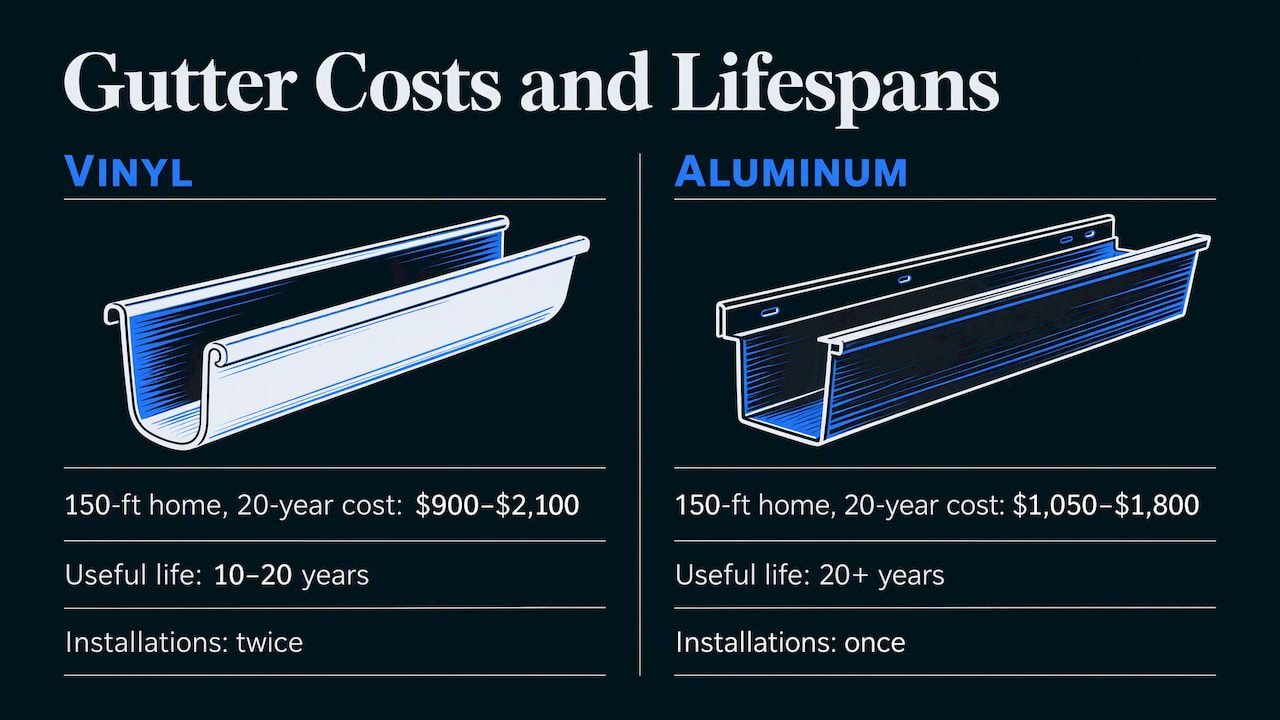 Twenty-year vinyl and aluminum gutter costs