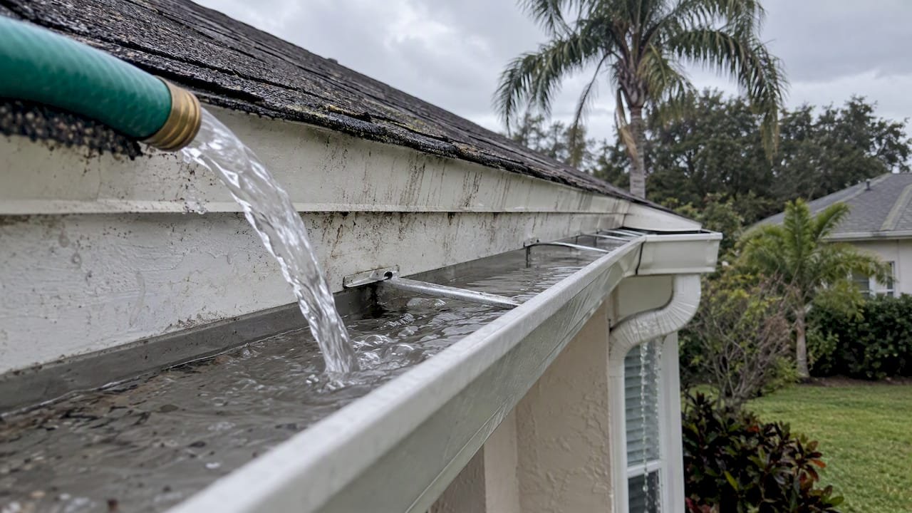 Hose water flowing through a residential gutter